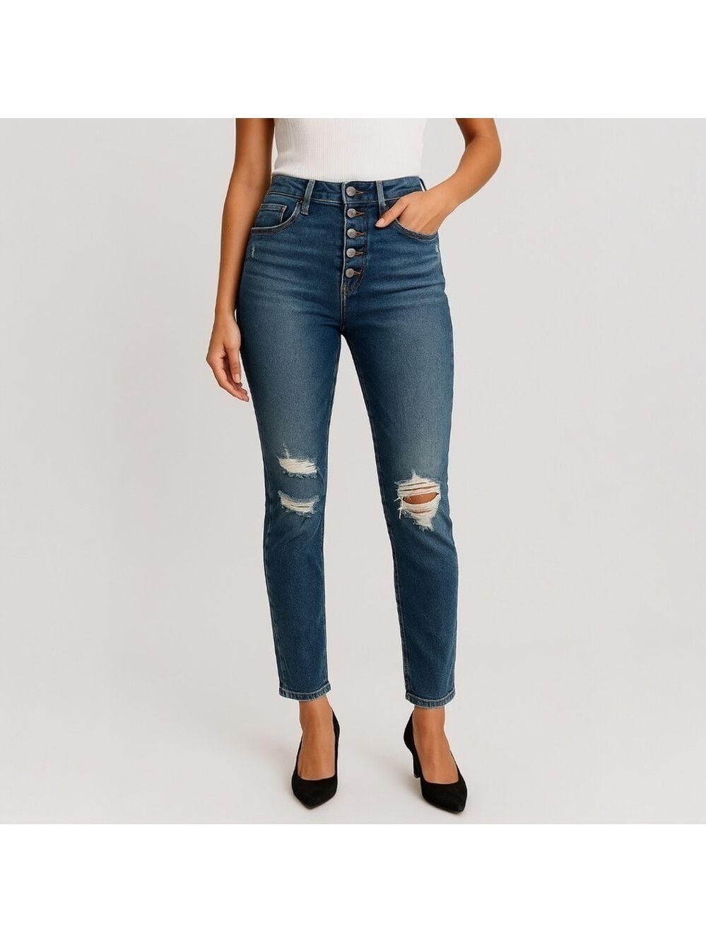 We The Free Blue High Waisted Distressed Button Fly Jeans – Size 30